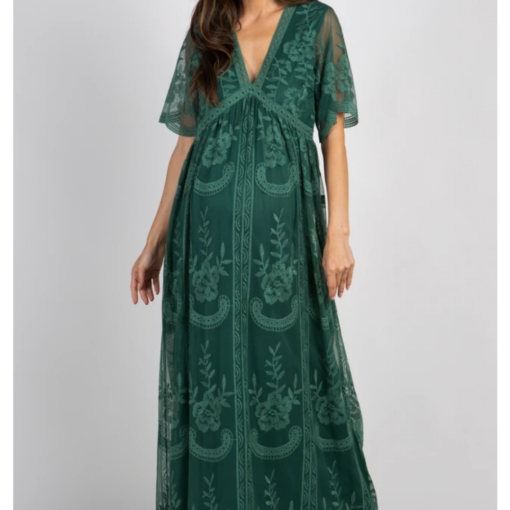 PinkBlush dark green Lace Mesh Overlay maxi dress